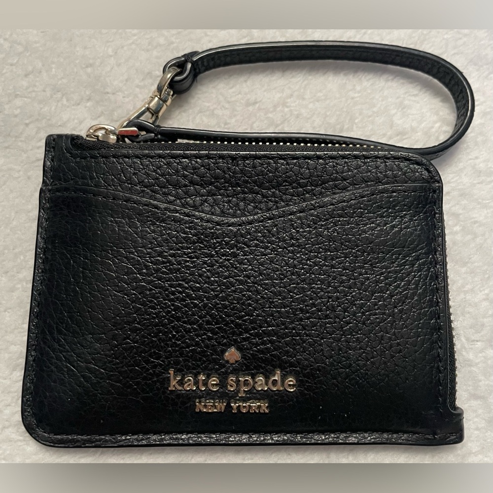 Kate‎ Spade Leila Black Pebbled Leather Corner Zip Card Holder with Key Ring